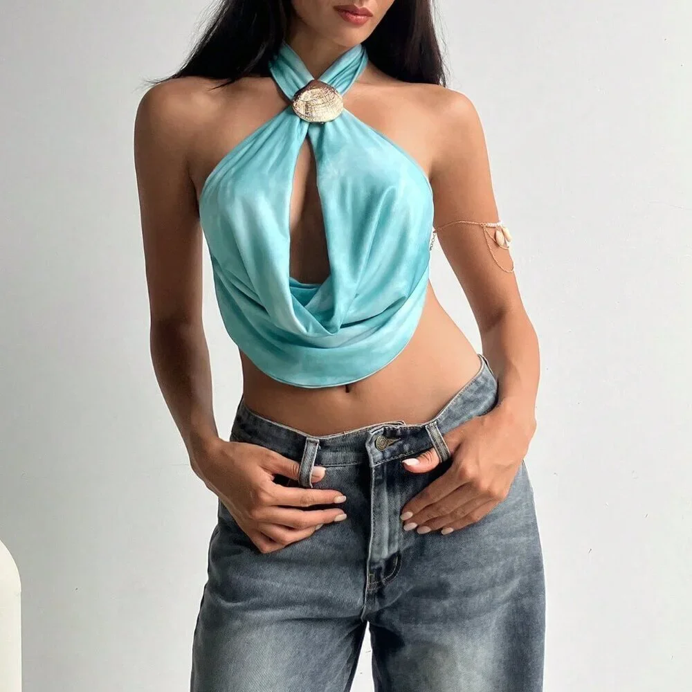 Multicolor Casual Women's Sexy Criss-Cross Wrap Draped Neck Hollow Out Cami Top - Picture 6 of 7